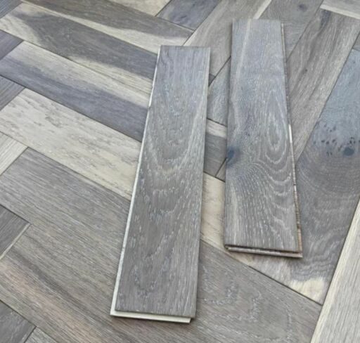 Tradition Engineered Oak Parquet Flooring, Herringbone, Smoked Grey, Brushed, Matt Lacquered, 90x10x450mm