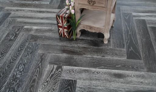 Tradition Select Engineered Oak Herringbone Flooring, Brushed, Black Stained, White Oiled, 150x14x900mm