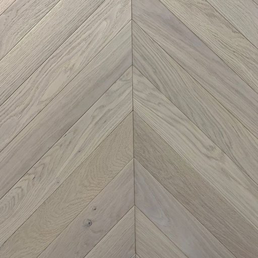Xylo Pearl White Stained Engineered Oak Flooring, Rustic, Chevron, Brushed & UV Oiled, 90x14x540mm