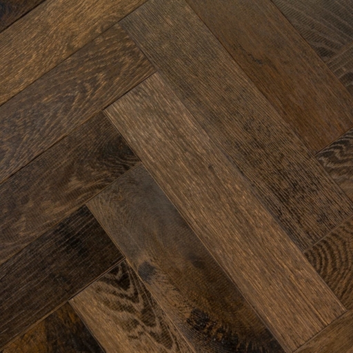 V4 Tannery Brown Engineered Oak Parquet Flooring, Rustic, Distressed, Stained, Handfinished & UV Oiled, 90x14x360 mm
