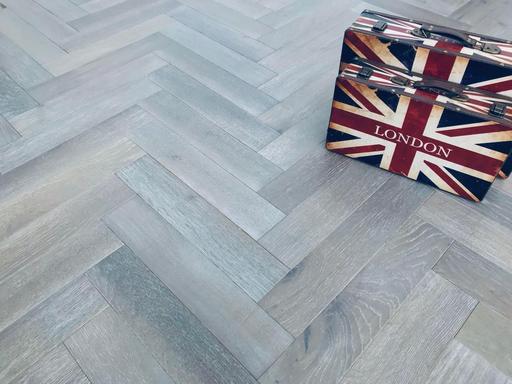 Tradition Select Engineered Oak Herringbone Flooring, Brushed, Dark Grey, UV Oiled, 90x15x450mm